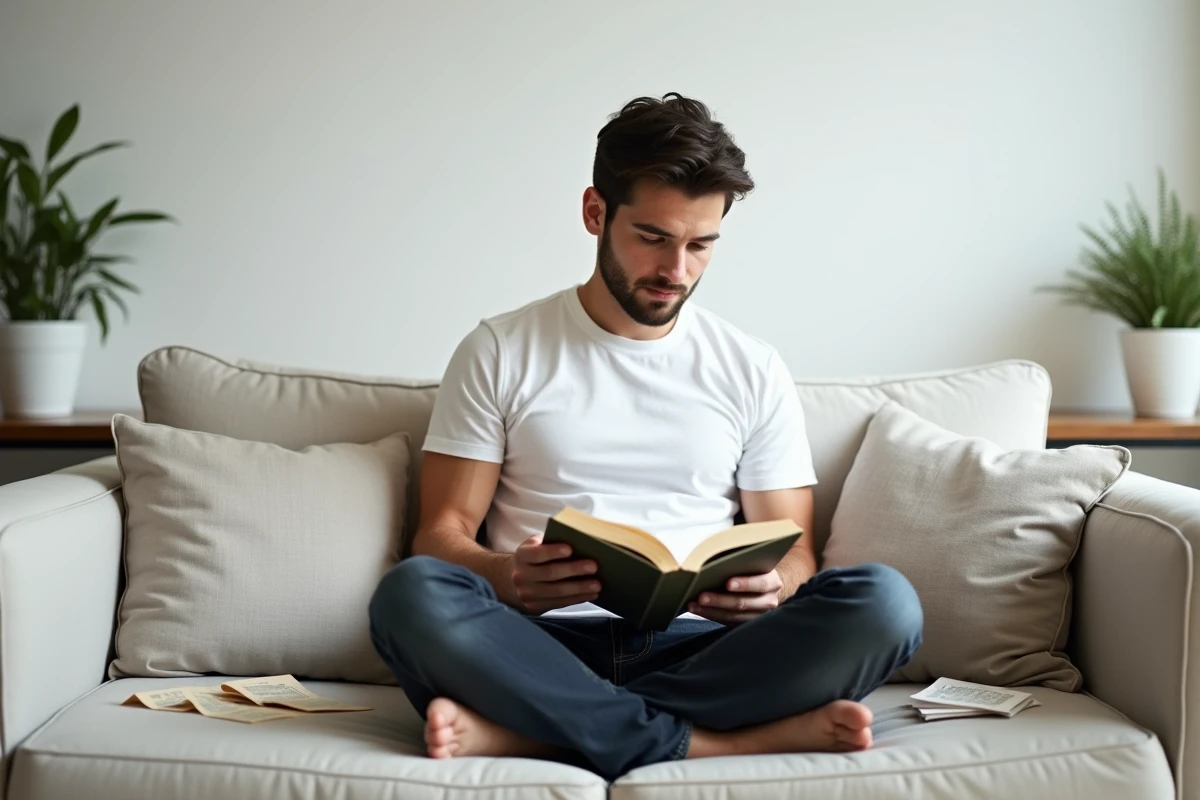 Jeune homme révisant la conjugaison du verbe tener au passé simple espagnol avec un manuel de grammaire sur un canapé