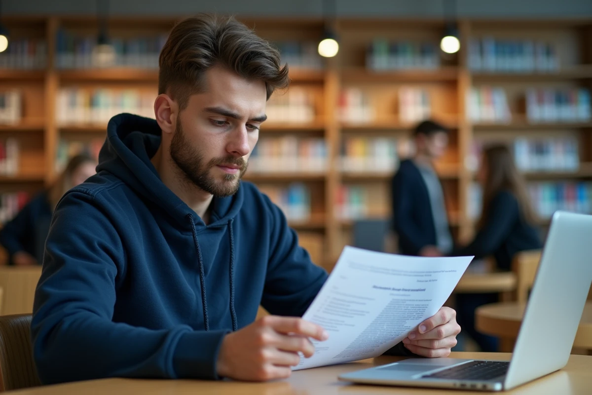 Étudiant vérifiant sa confirmation d'inscription à un concours administratif Cyclade dans une bibliothèque universitaire