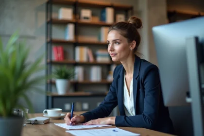 &Eacute;tudiante en alternance marketing digital travaillant sur des analyses de donn&eacute;es dans un bureau parisien moderne