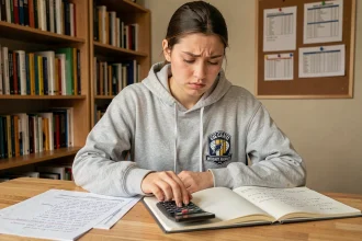 Étudiante calculant sa moyenne avec coefficient sur une calculatrice scientifique entourée de notes de cours