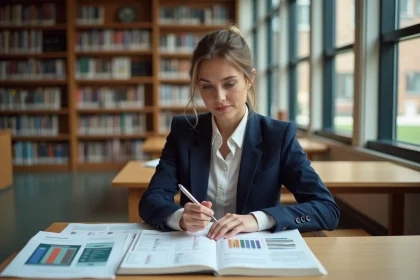 Étudiante comparant des classements d'écoles de commerce dans une bibliothèque universitaire moderne