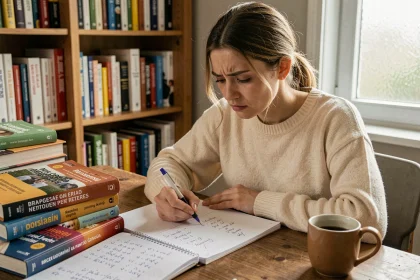 Étudiante française corrigeant ses erreurs de conjugaison de l'imparfait espagnol dans un cahier sur un bureau en bois