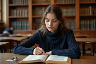 Étudiante annotant un roman classique dans une bibliothèque universitaire en bois, entourée de notes de dissertation littéraire