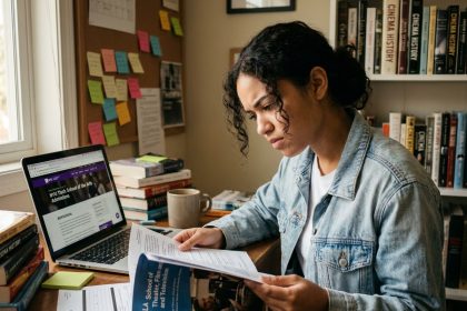 Étudiante consultant des brochures d'écoles d'audiovisuel pour préparer son dossier d'admission