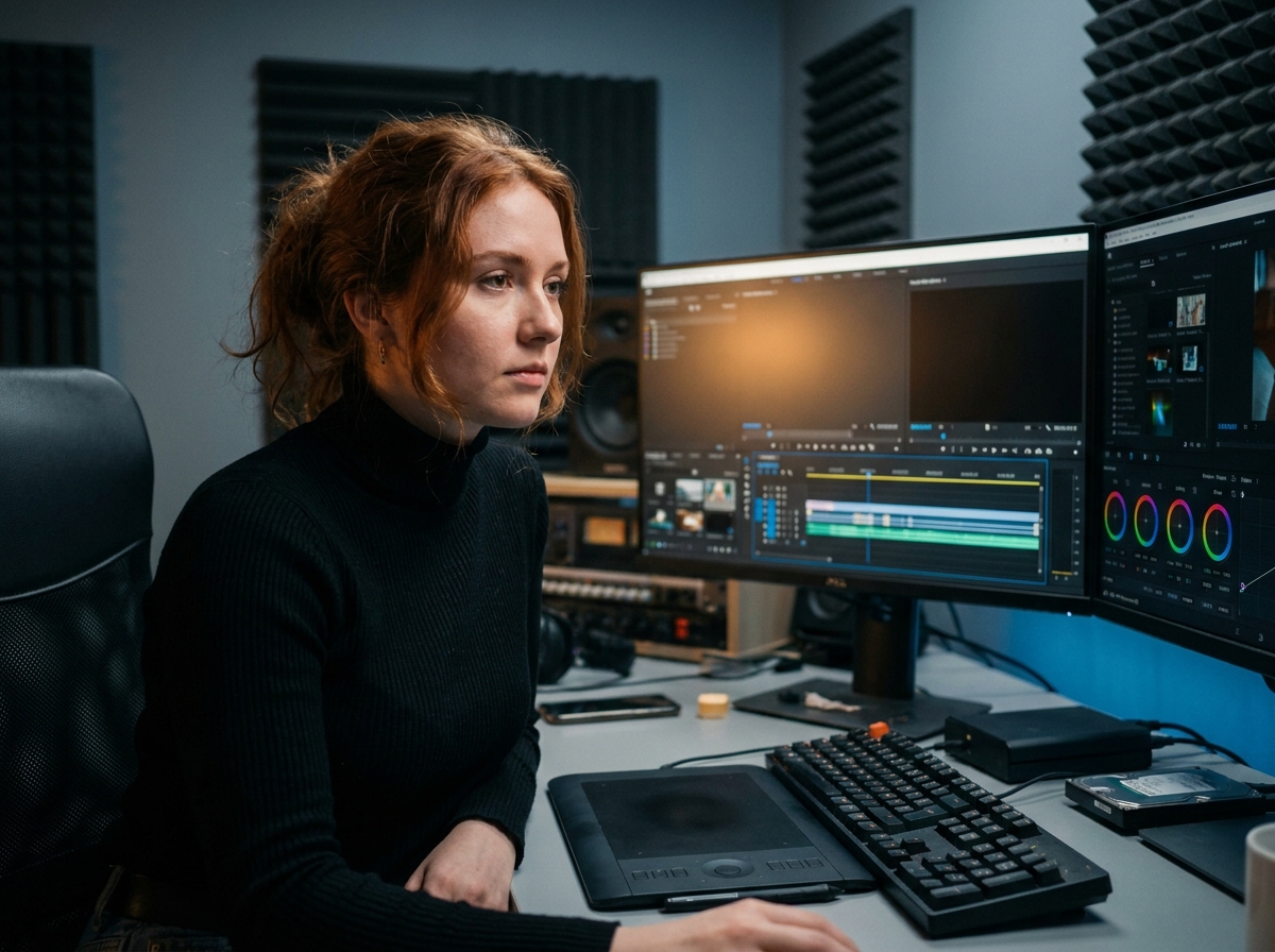 Étudiante en montage vidéo dans une salle de post-production d'une école audiovisuelle
