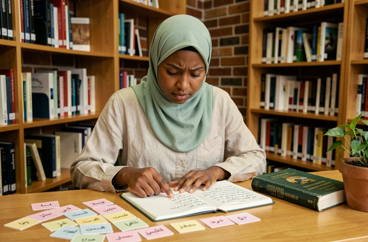 Jeune femme voilée étudiant le vocabulaire arabe avec des fiches et un cahier dans une bibliothèque universitaire