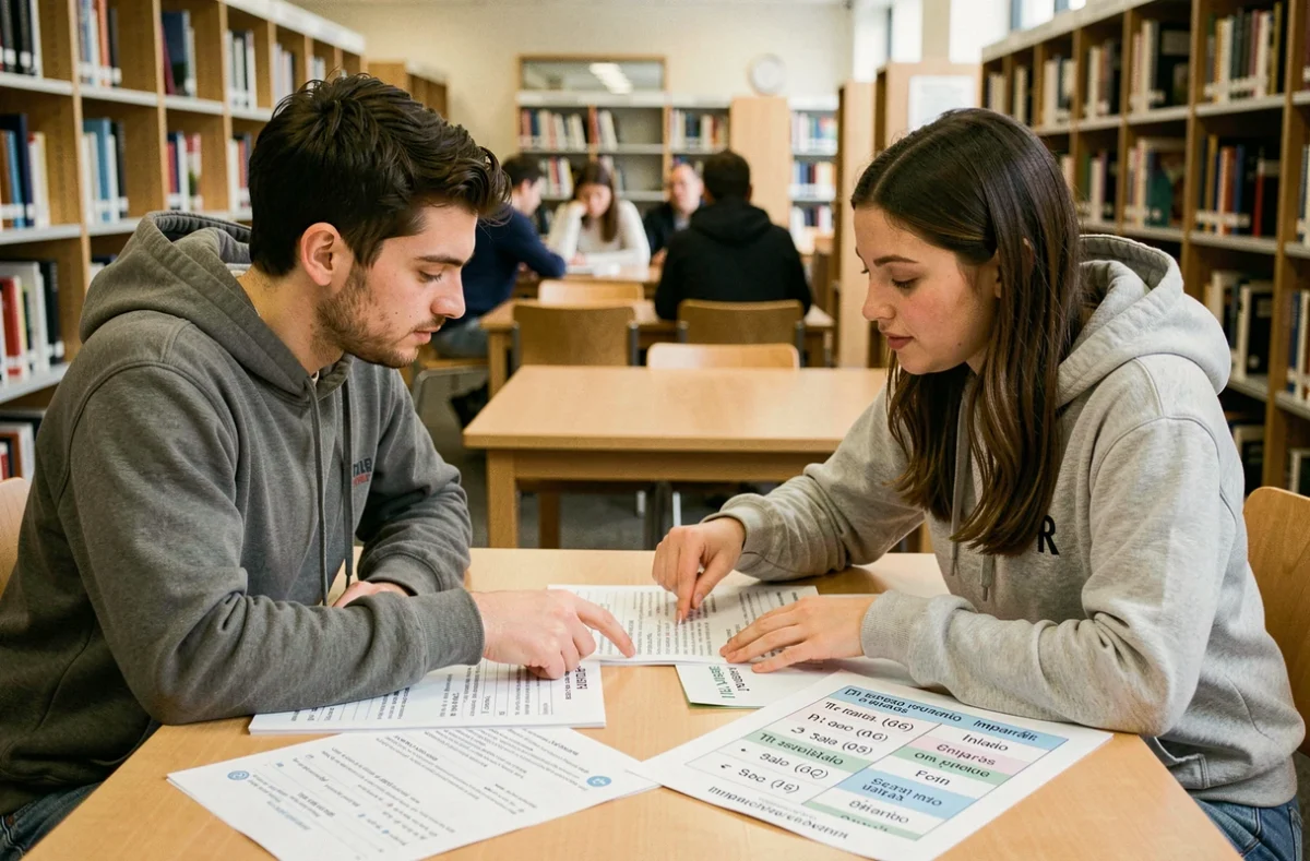Deux étudiants comparant leurs exercices de conjugaison de l'imparfait espagnol dans une bibliothèque universitaire