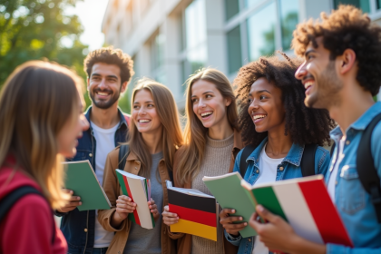 Groupe d'étudiants internationaux souriants devant une université moderne