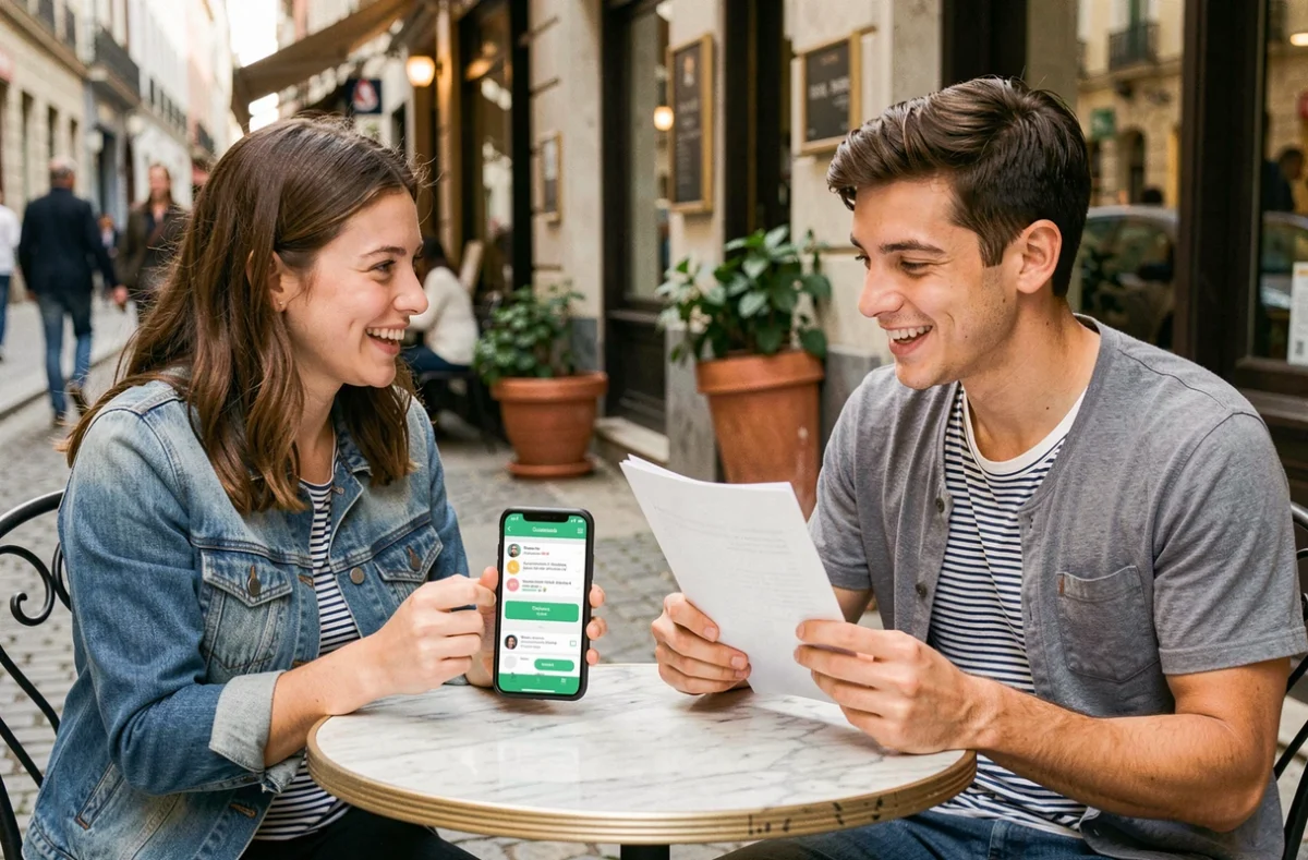 Deux étudiants révisant les marqueurs de temps du futur en espagnol ensemble à une terrasse de café en Europe