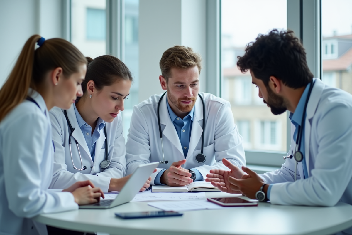 Groupe d'étudiants en médecine étudiant autour d'une table