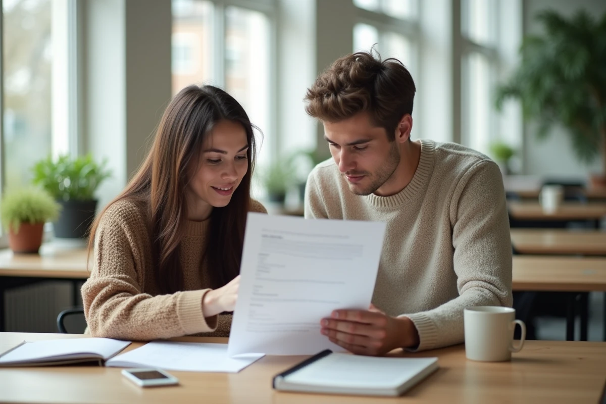 Deux étudiants consultant ensemble un relevé de notes officiel de l'université Grenoble Alpes LEO UGA