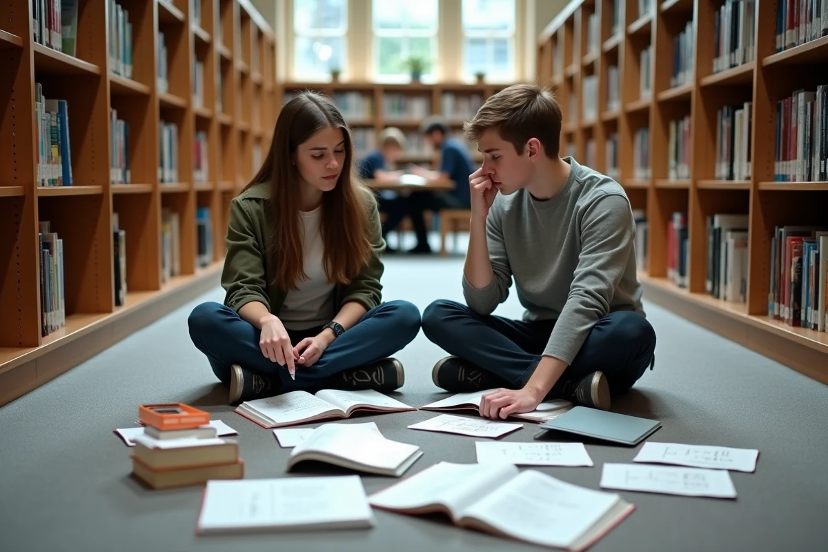 Deux lycéens révisant ensemble en bibliothèque avec fiches et coefficients du bac S étalés au sol