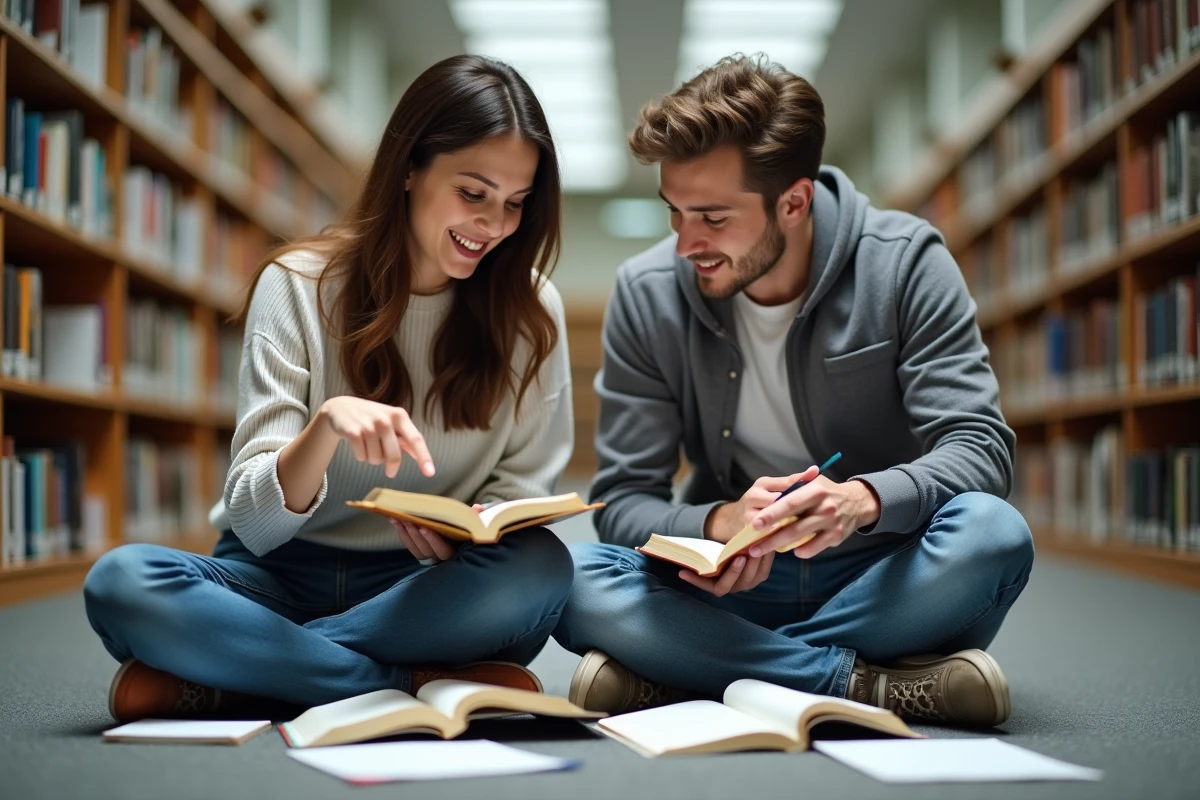 Deux étudiants révisant ensemble des exercices corrigés de grammaire espagnole en bibliothèque