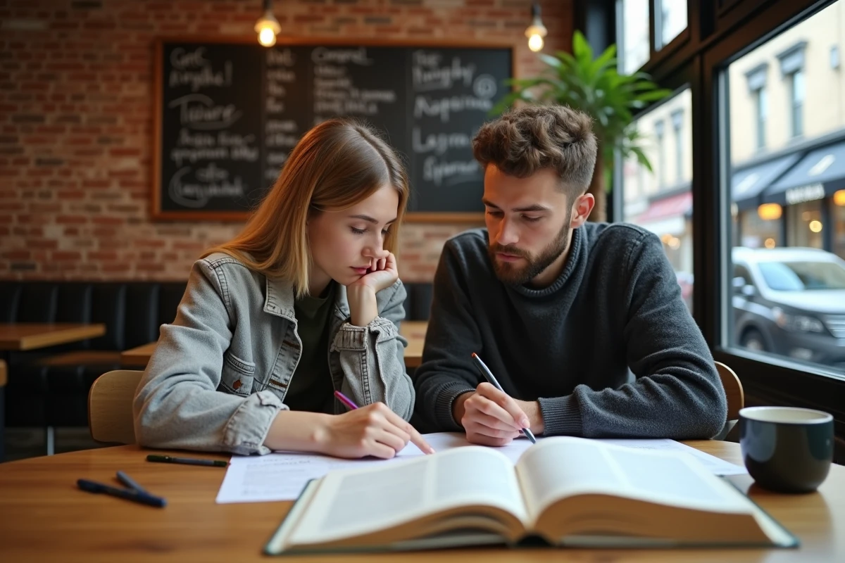 Deux étudiants travaillant ensemble sur une dissertation littéraire dans un café avec des livres et des notes manuscrites sur la table