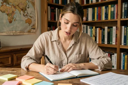 Jeune femme étudiant le futur en espagnol avec des fiches de grammaire et un cahier de notes dans un bureau cosy