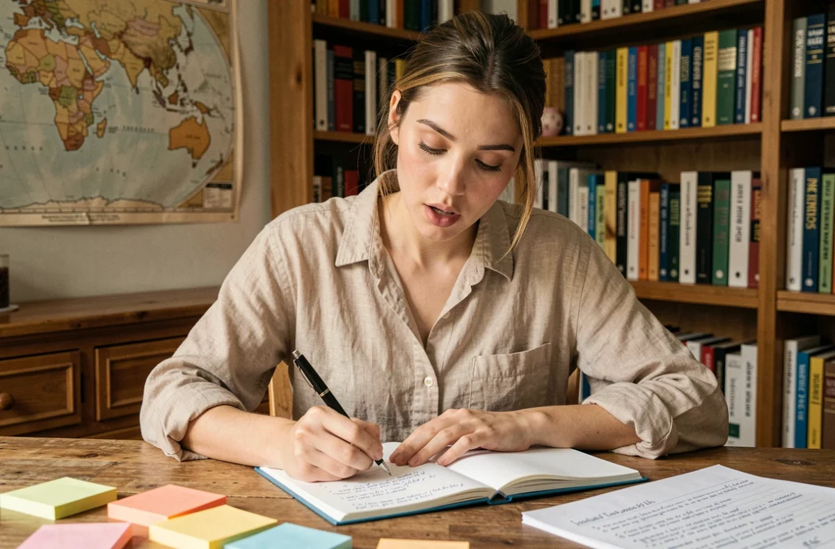 Jeune femme étudiant le futur en espagnol avec des fiches de grammaire et un cahier de notes dans un bureau cosy