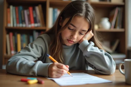 Adolescente faisant des exercices de ponctuation sur une feuille de dialogue imprimée à son bureau de travail