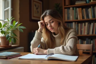 Jeune femme pratiquant des exercices de grammaire espagnole dans un cahier à son bureau