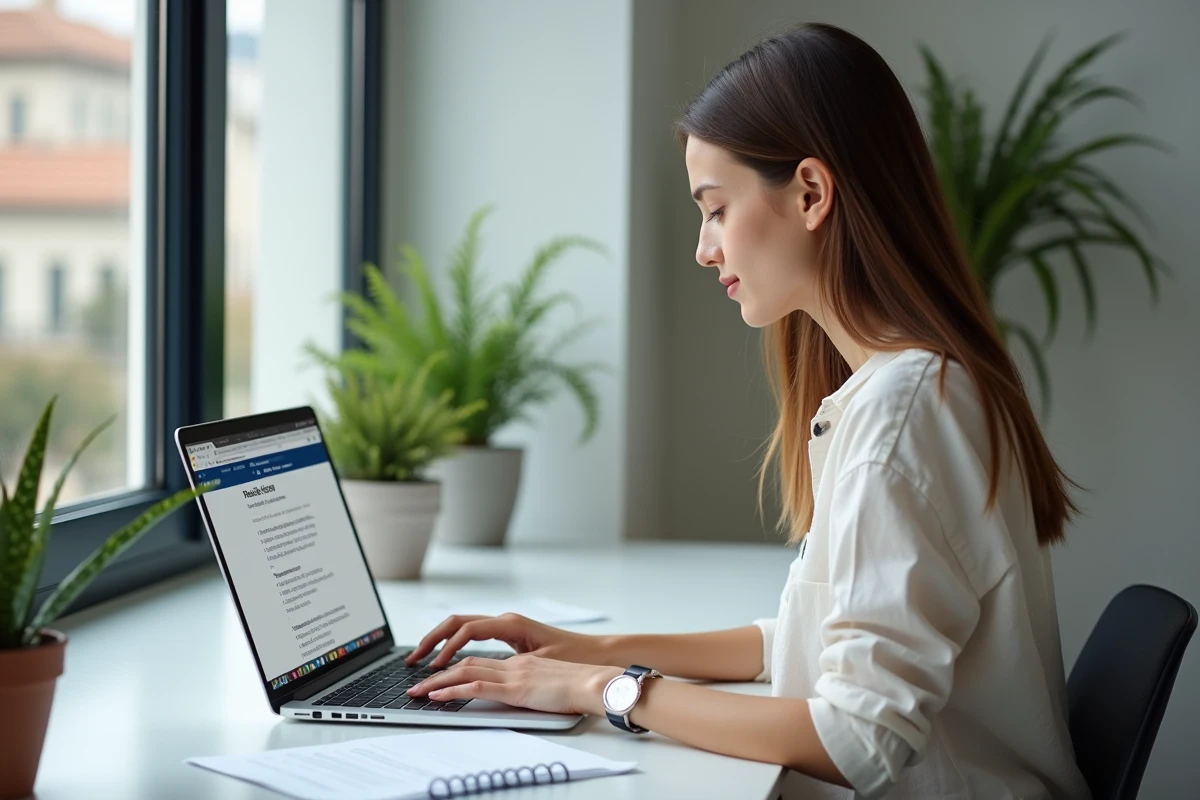 Jeune femme réalisant des exercices interactifs de ponctuation sur un site web depuis son ordinateur portable