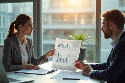 Femme d'affaires dans un bureau moderne discutant avec un collègue