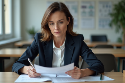 Femme d affaires lisant des documents de sante