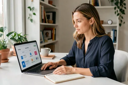 Femme analysant les prix d'abonnement IA sur un ordinateur portable dans un bureau à domicile moderne