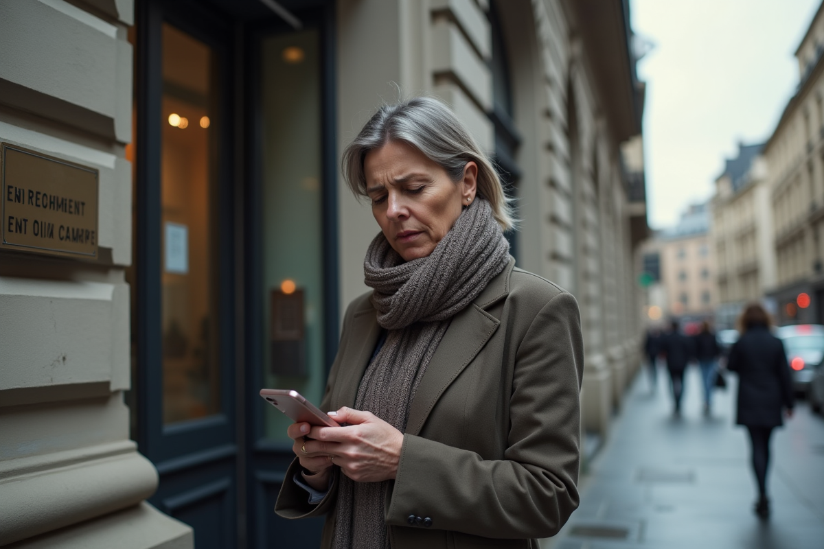 Femme dehors devant un bureau emploi regardant son téléphone