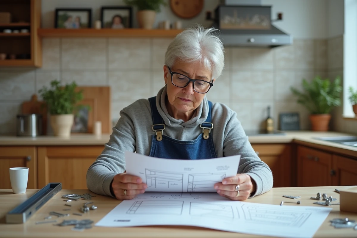 Femme en travaux manuels assemble une &eacute;tag&egrave;re