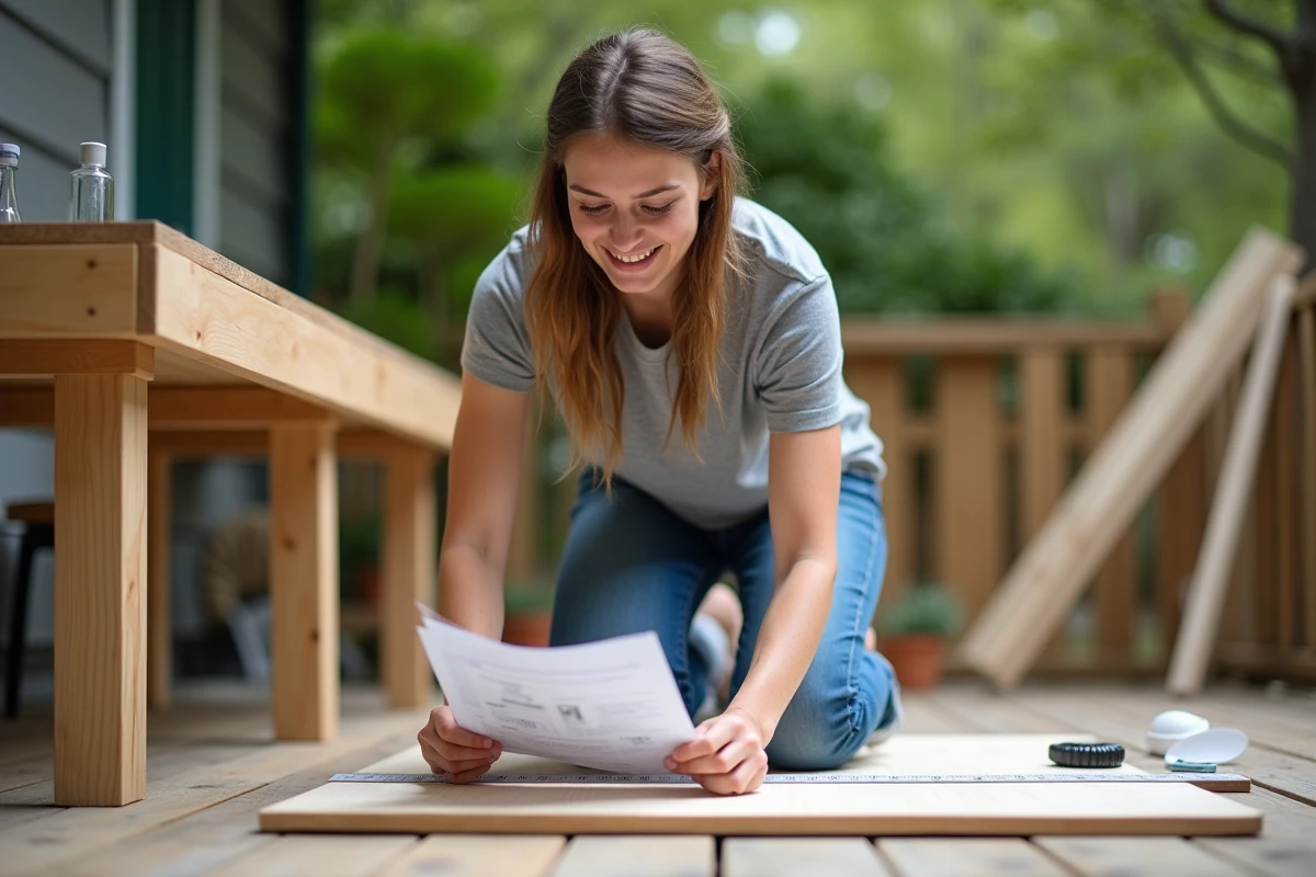 Jeune femme souriante mesure une planche en bois lors d