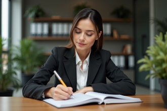 Femme en tenue professionnelle concentrée au bureau