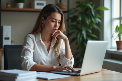 Femme au bureau regardant son ordinateur avec documents CPF