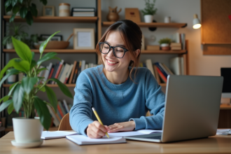Femme concentrée à son bureau à la maison avec ordinateur et notes