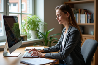 Jeune femme en bureau organisé avec planner et ordinateur