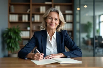 Femme cadre rédigeant une lettre de recommandation professionnelle pour un employé en CDD dans un bureau moderne