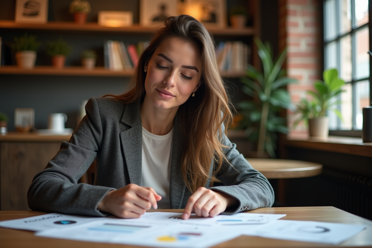 Jeune femme discutant avec infographies au café