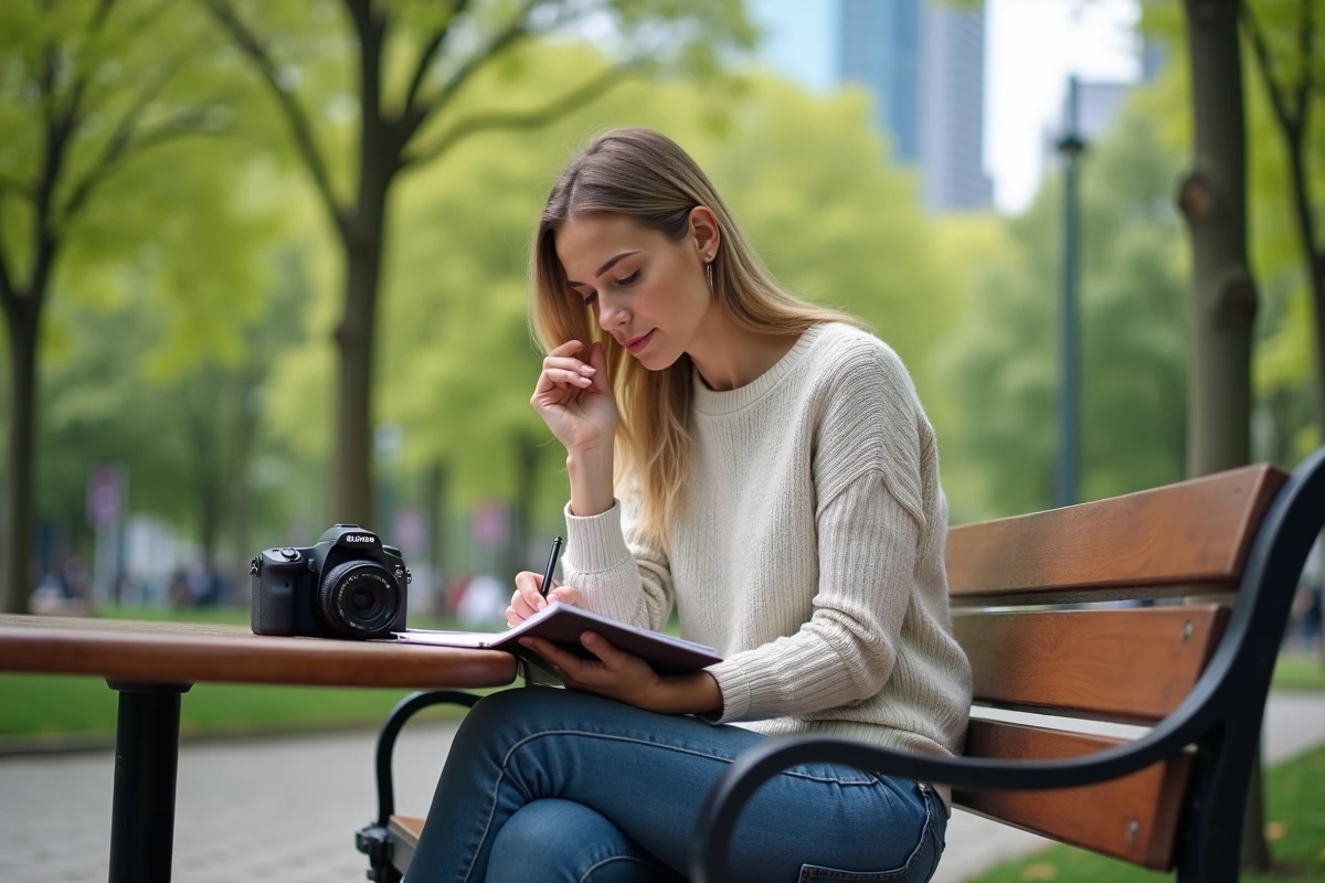 Femme prenant des notes avec un appareil photo en extérieur