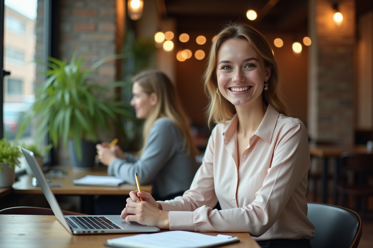 Jeune femme prenant des notes dans un café urbain