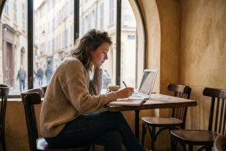 Jeune femme concentrée au café à Toulon