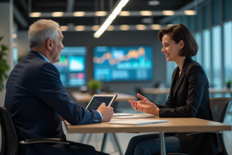 Jeune femme expliquant un concept à un homme en coworking