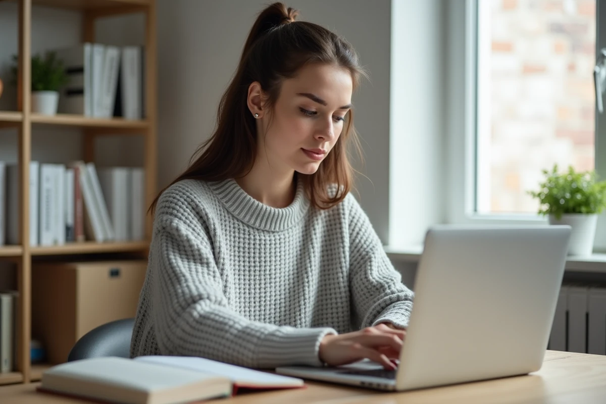 Jeune femme consultant sa boîte mail académique de Bordeaux sur un ordinateur portable dans un bureau organisé