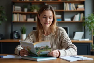 Femme en train de consulter un brochure de cours photo