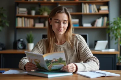 Femme en train de consulter un brochure de cours photo