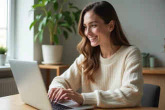 Femme en intérieur créant un post Instagram sur Canva