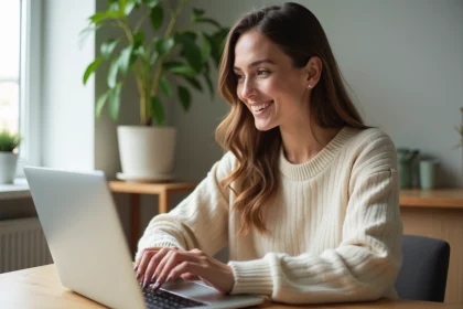Femme en int&eacute;rieur cr&eacute;ant un post Instagram sur Canva