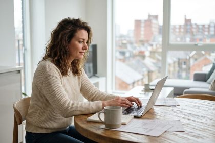 Femme assise à la cuisine avec ordinateur dans un appartement moderne