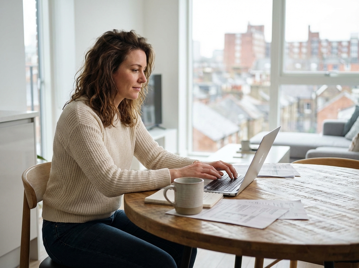Femme assise à la cuisine avec ordinateur dans un appartement moderne
