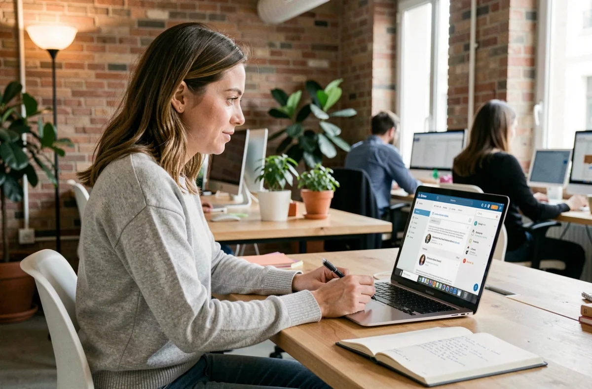 Femme débutante suivant un cours digital à Paris dans un espace de coworking moderne avec un ordinateur portable et des notes