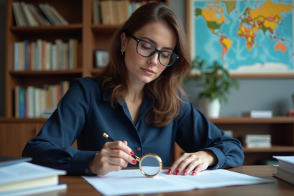 Femme concentrée inspectant un diplôme universitaire dans un bureau