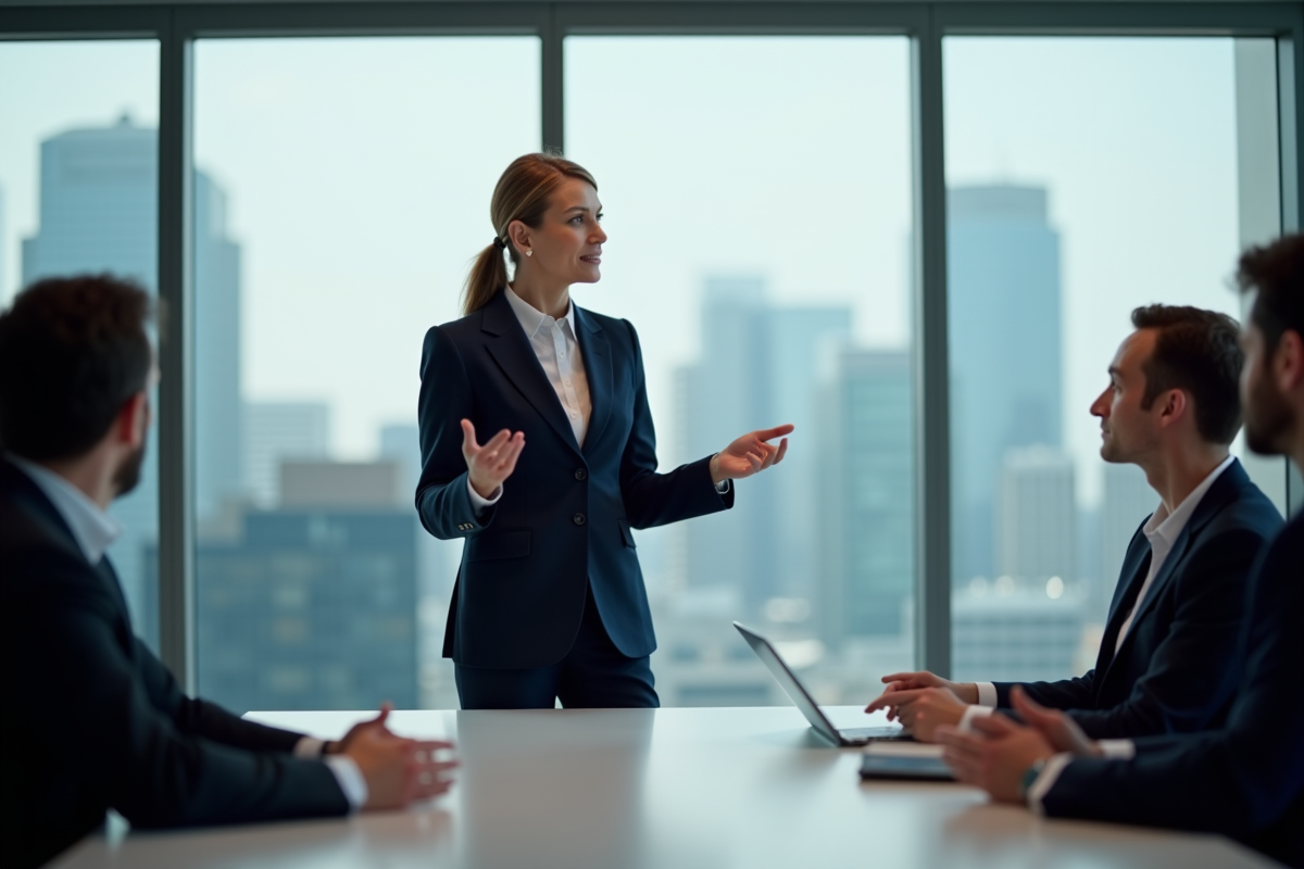 Femme en costume navy dirigeant une réunion en entreprise