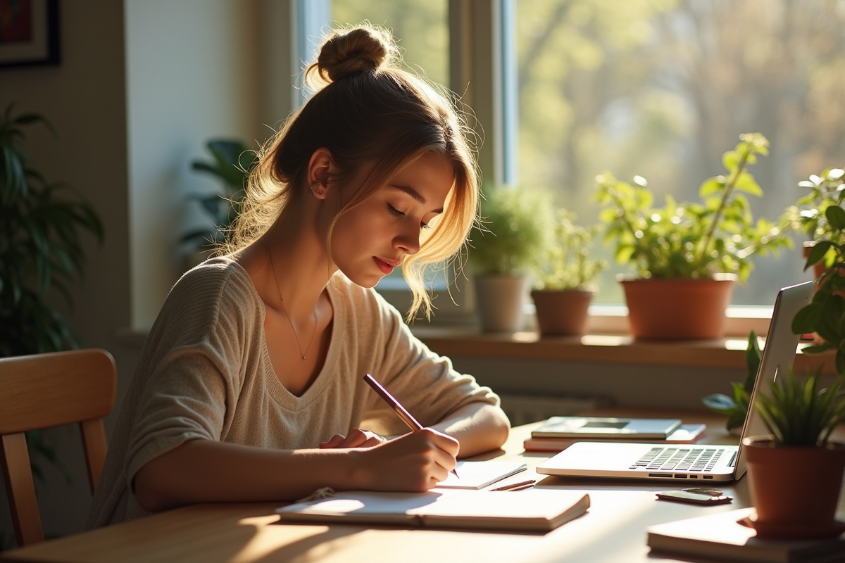 Jeune femme concentrée écrivant dans un journal à son bureau ensoleille